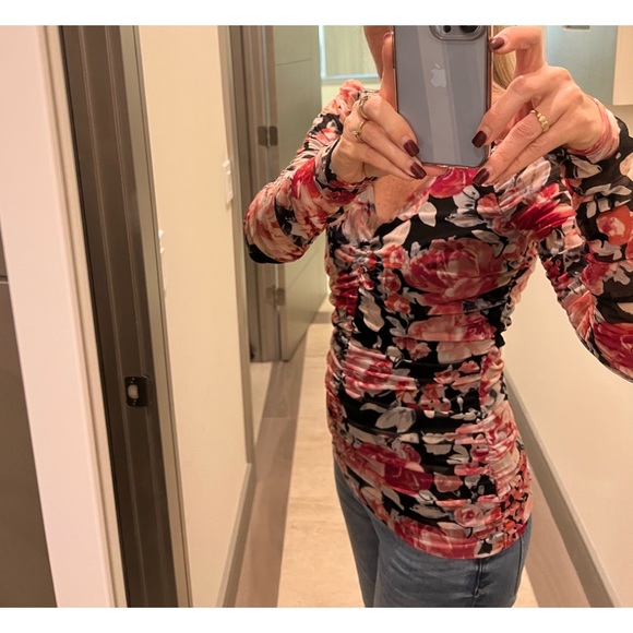 NWOT White House Black Market Shirred Floral top with Black lining. Size S. - Picture 2 of 7